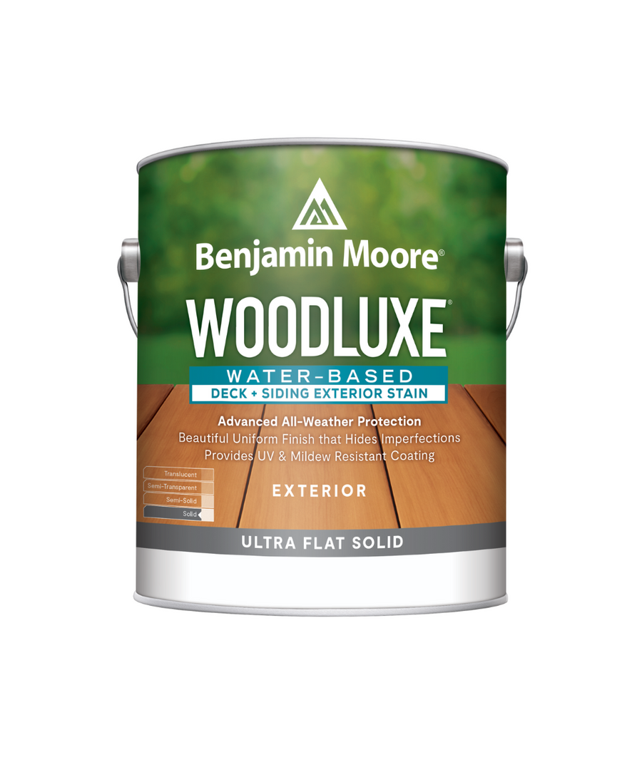 Benjamin Moore Woodluxe® Water-Based Deck + Siding Exterior Stain - Ultra Flat Solid Exterior Stain available at Colorize in Clifton Park, Queensbury and Niskayuna, NY.