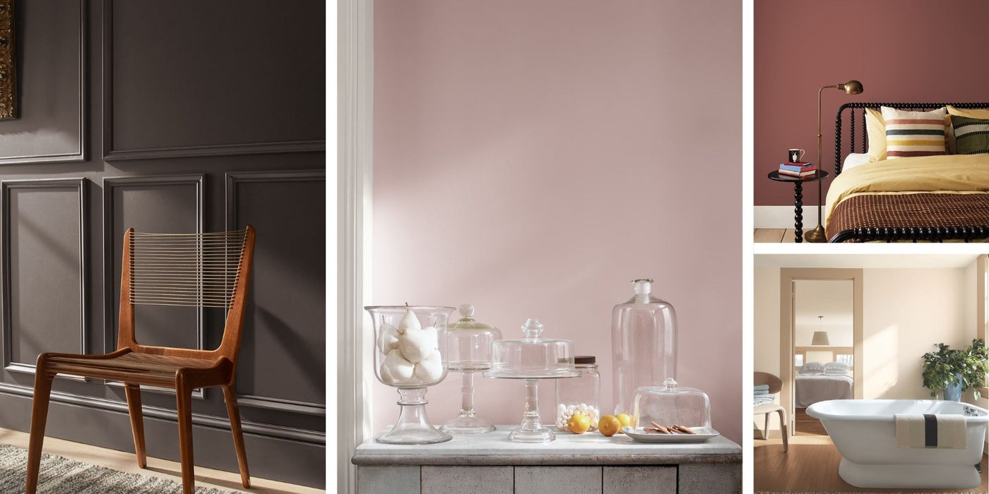 Collage of interior design elements and rooms showcasing colors from the Benjamin Moore 2026 Color Trends Palette.